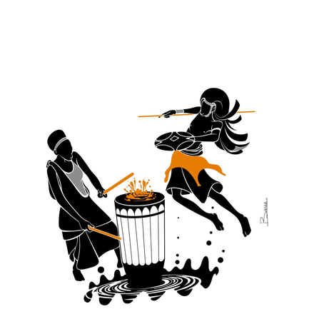 Illustration of two Rwandan drummers, one mid-leap